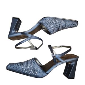 ​NATURALIZER Blue Satin Beaded Embellished Strappy Block Heels Square Toe, 7.5